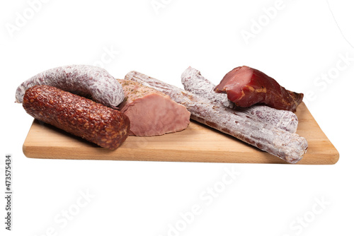 Various of meat, smoked meat, sausage, salami isolated on a white.