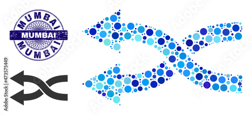 Circle mosaic shuffle arrows left icon and MUMBAI round grunge stamp. Blue seal includes MUMBAI text inside circle and guilloche decoration. Vector collage is based on shuffle arrows left icon,