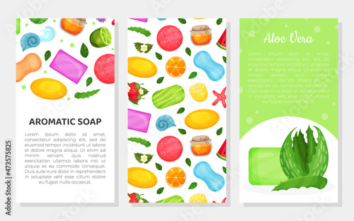 Aromatic soap card template with handmade organic soaps and space for text. Aloe vera organic soap, homemade cosmetics vector illustration