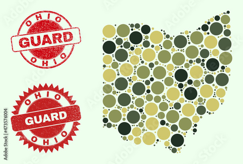 Vector round elements composition Ohio State map in khaki hues, and corroded stamps for guard and military services. Round red seals contain phrase GUARD inside.
