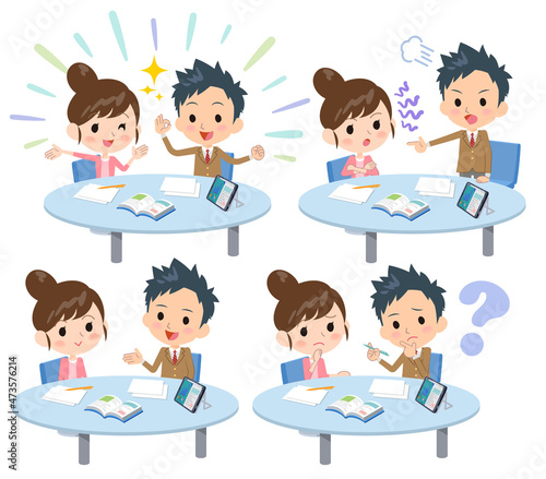 学生と保護者が話し合いをしているイラストセット