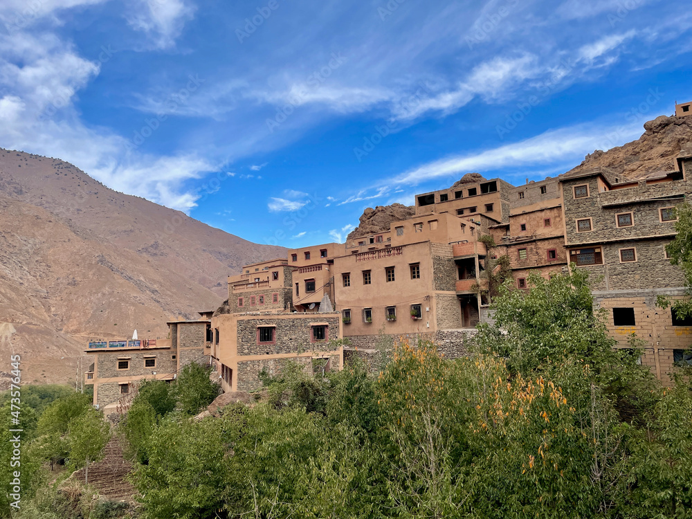 View of traditional Berber village in the High Atlas Mountains. Imlil valley, Morocco.