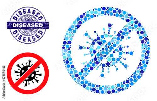 Circle composition stop flu virus icon and DISEASED round unclean stamp seal. Blue stamp seal includes DISEASED tag inside circle and guilloche ornament.