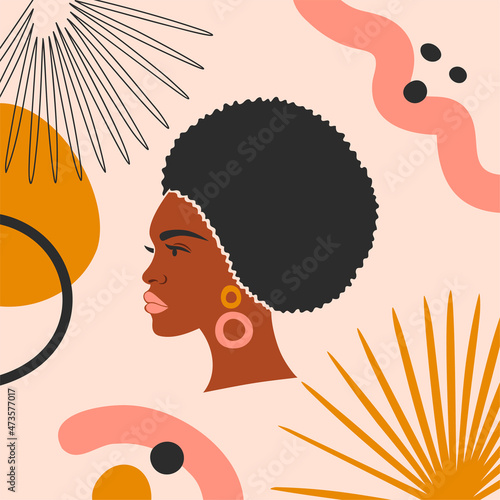 Abstract background with linear tropical leaves and a beautiful black woman. Female portrait of young African American with beautiful face. Fashion Vector Illustration.