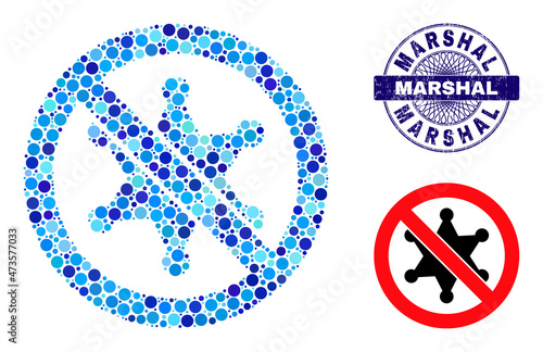 Round dot combination stop sheriff star icon and MARSHAL round rubber stamp. Blue stamp seal includes MARSHAL tag inside circle and guilloche decoration.