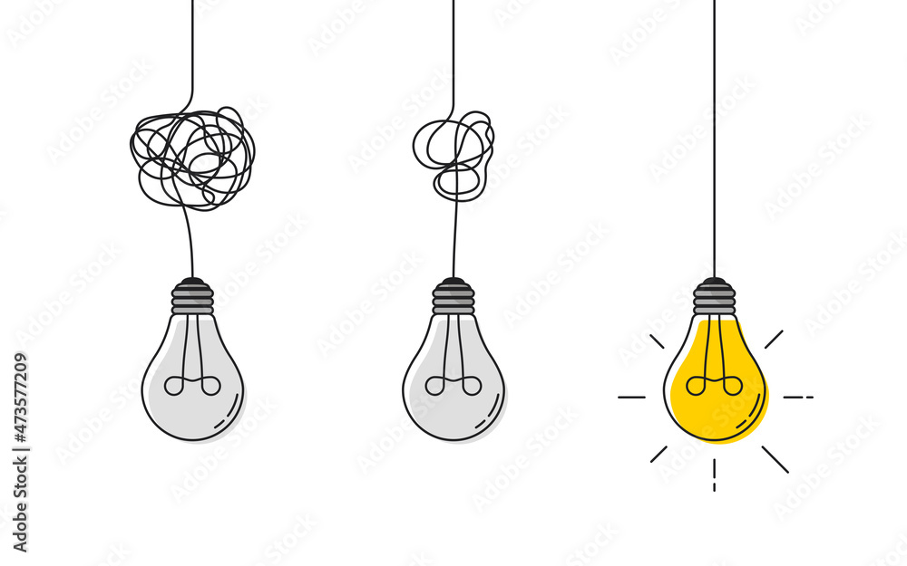 Hanging extinct light bulbs with knot tangled cable and one glowing with straight cord. Concept of idea and choosing successful idea from many failed ones. Flat style. Vector illustration. Hanging extinct light bulbs with knot tangled cable and one glowing with straight cord. Concept of idea and choosing successful idea from many failed ones. Flat style. Vector illustration.