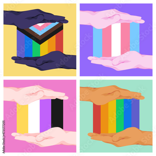 Diverse hands holding LGBTQ gender inclusive flags 