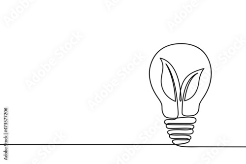Continuous one line drawing of plant inside light bulb. Lightbulb and sprout with leaves single line draw. Concept of green energy or eco energy. Vector illustration.