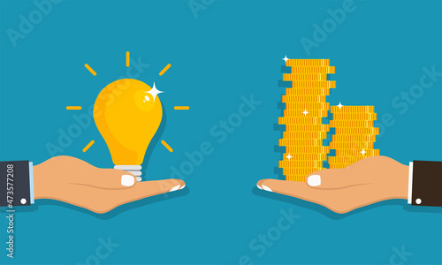 Hand holds light bulb with idea and giving receiving golden coins from other hand. Concept for business idea sell, buyer and customer. Vector illustration.
