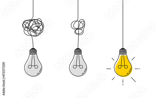 Hanging extinct light bulbs with knot tangled cable and one glowing with straight cord. Concept of idea and choosing successful idea from many failed ones. Flat style. Vector illustration.