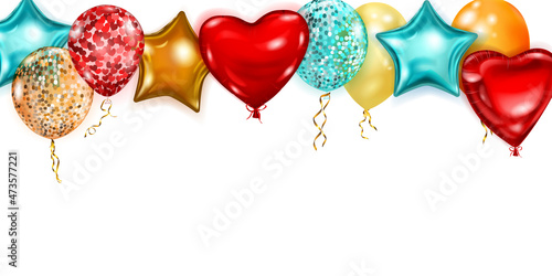 Vector illustration with flying colored helium balloons in various shapes and colors on white background