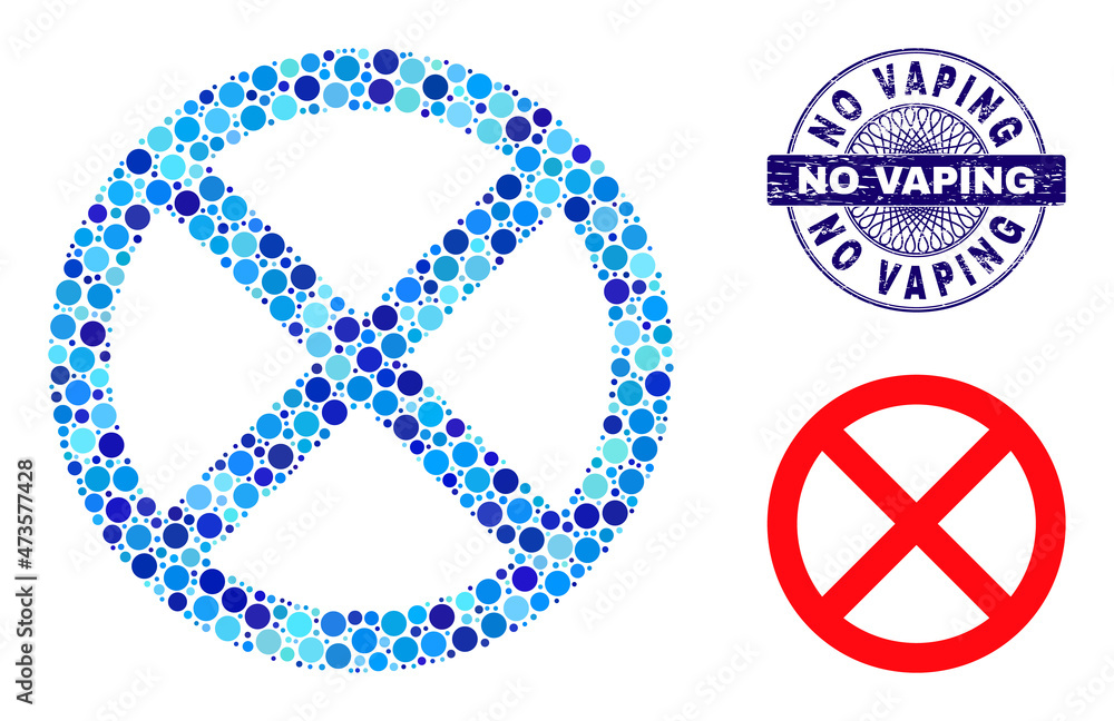 Round dot collage stopped icon and NO VAPING round rubber stamp seal. Blue stamp includes NO VAPING text inside circle and guilloche ornament. Vector collage is based on stopped symbol, Round dot collage stopped icon and NO VAPING round rubber stamp seal. Blue stamp includes NO VAPING text inside circle and guilloche ornament. Vector collage is based on stopped symbol,