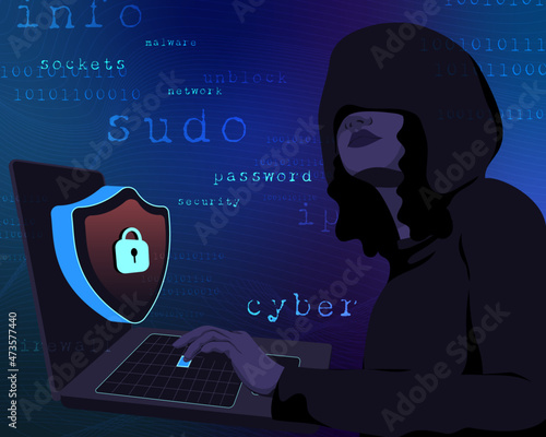 Female hacker using laptop in darkness