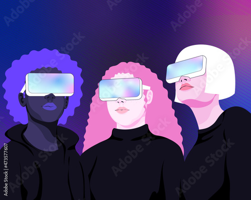 Group of women wearing augmented reality mobile device