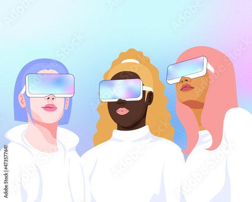 Diverse people wearing augmented reality goggles