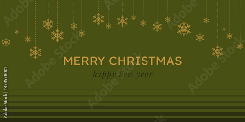 Merry christmas and happy new year banner. Golden snowflake abstract pattern and green background. Design elements for backdrop, wallpaper, wall, card, cover, poster. Vector illustration.