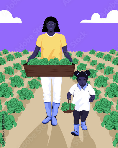 Woman and child working on farm plantation