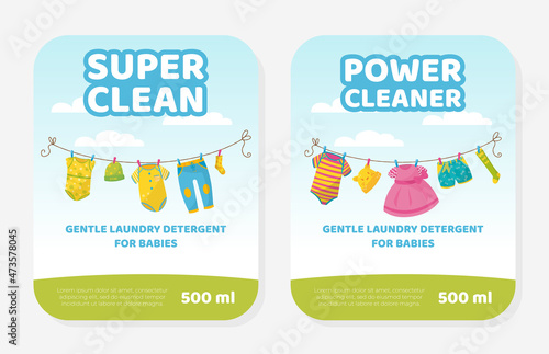Super clean gentle laundry detergent for babies labels set. Eco-friendly detergent for washing children clothes vector illustration
