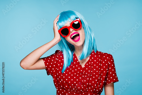 beautiful woman in blue wig sunglasses Glamor close-up