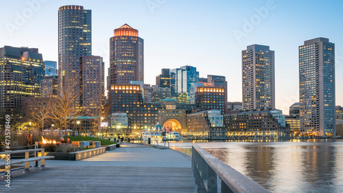 Boston Harbor and Financial District in Boston, MA, USA.