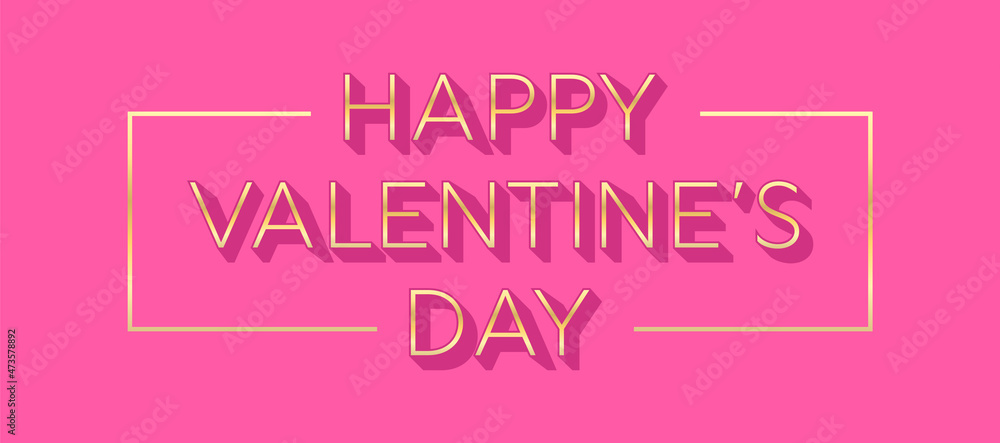 Happy Valentine's Day Elegant Golden Text with Border on Pink Background Banner. Valentine's Day Typography Design Element for Greeting Card or Web Banner