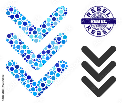 Round dot composition triple arrowhead down icon and REBEL round grunge stamp. Violet stamp seal includes REBEL tag inside circle and guilloche structure.