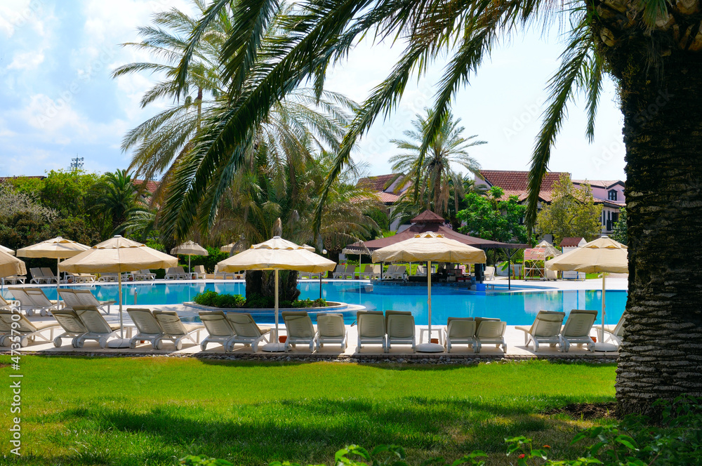 Sun loungers and parasols by the swimming pool.