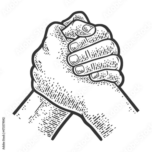 Brother friend handshake sketch engraving vector illustration. T-shirt apparel print design. Scratch board imitation. Black and white hand drawn image.