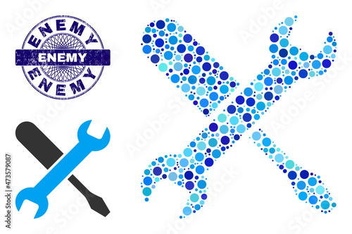 Circle collage tuning icon and ENEMY round dirty watermark. Blue seal includes ENEMY text inside circle and guilloche decoration. Vector mosaic is based on tuning icon,