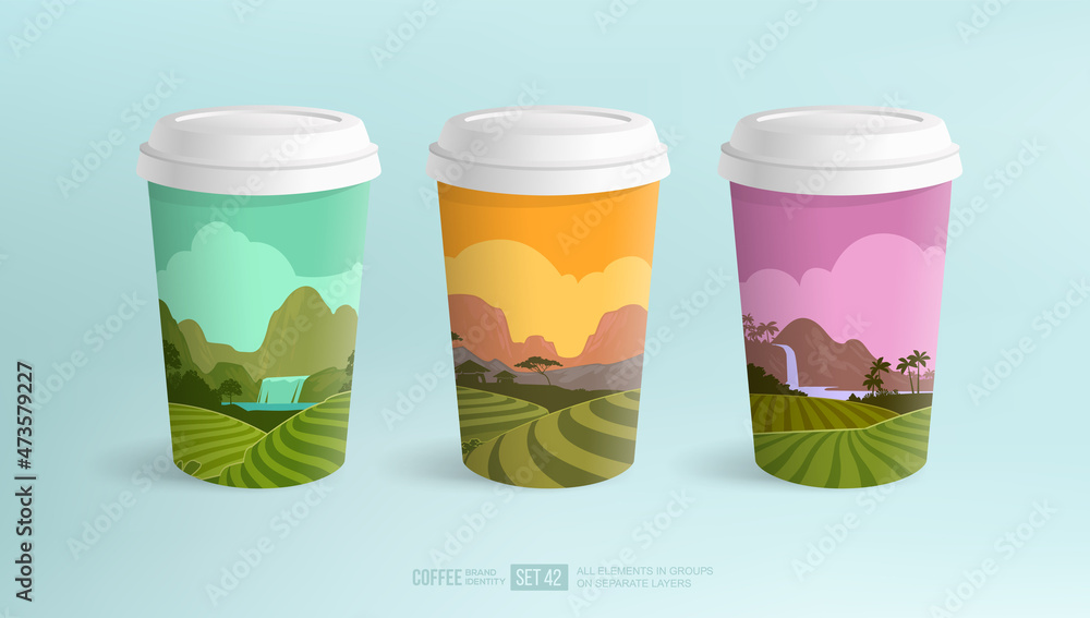 Fototapeta premium Realistic Coffee Cup mock-up set of cover design with plantations and fields landscapes - vector template. Coffee or Tea beverage paper cups with rainforest and mountain valley background