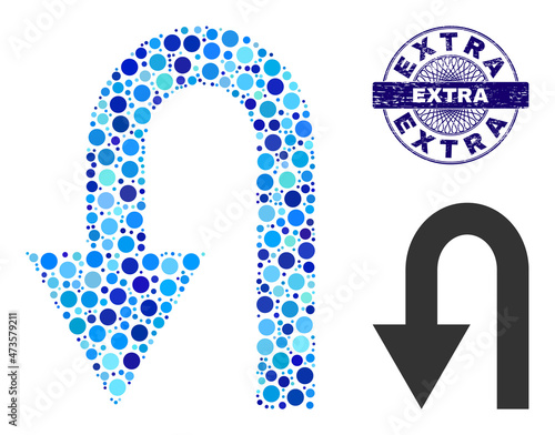 Circle combination turn back icon and EXTRA round scratched seal. Blue seal includes EXTRA caption inside circle and guilloche style. Vector mosaic is based on turn back icon,