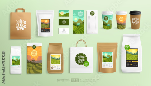 Coffee branding set with logo and label design - vector template. Realistic food and drink package mock-up design. label design with Coffee or Tea fields and plantations landscapes