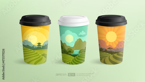 Coffee Cup mock-up set with cover design of plantations and fields landscapes - vector template. Coffee or Tea beverage paper cups with rainforest and mountain valley background