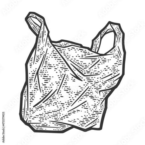 plastic bag sketch engraving vector illustration. T-shirt apparel print design. Scratch board imitation. Black and white hand drawn image.