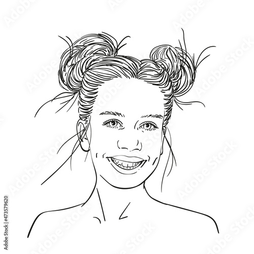 Sketch of beautiful smiling teenage girl with two buns hairstyle and thick eyebrows, Hand drawn vector line art illustration
