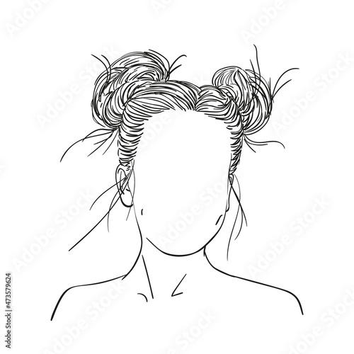 Vector sketch of girl head with no face and two buns hairstyle, Hand drawn illustration isolated