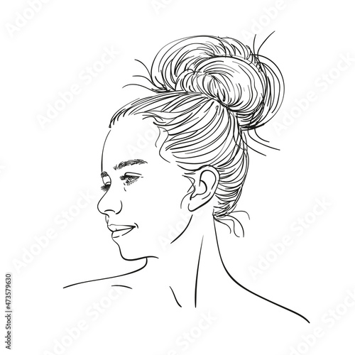 Beautiful teenage girl portrait in profile with long hair tied in stylish bun, Hand drawn illustration, Vector sketch