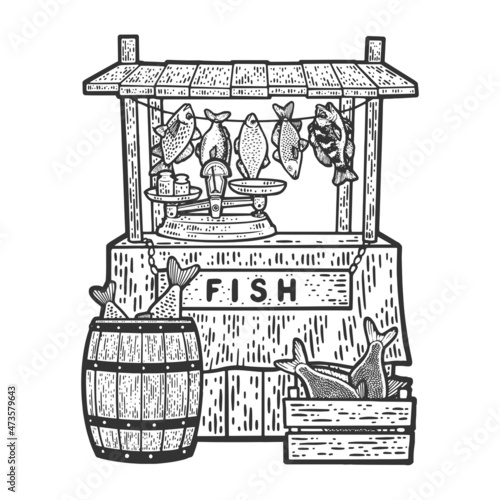 fish street trade shop sketch engraving vector illustration. T-shirt apparel print design. Scratch board imitation. Black and white hand drawn image.