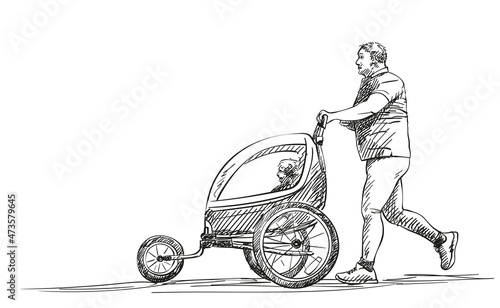 Vector sketch of Man running with child in jogging stroller, Hand drawn illustration with hatched shades