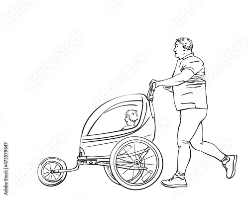 Vector sketch of Man running with child in jogging stroller, Hand drawn linear illustration