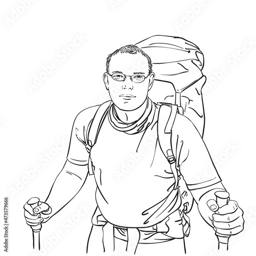 Sketch of man upper body trekking with big backpack, Hand drawn Vector linear illustration