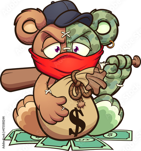 Cartoon angry Teddy bear holding a baseball bat and keeping a big bag on money. Vector clip art illustration with simple gradients. All on a single layer.
