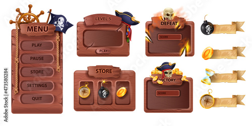 Wooden pirate game UI set, vector corsair GUI frame kit, medieval cartoon menu interface panel on white. Fantasy mobile app design element, store template, defeat victory badge. Wooden GUI buttons