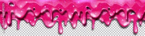Pink slime vector glitter background, cartoon sticky toxic goo, liquid dripping texture seamless border. Halloween mucus frame, colorful gum syrup, transparent background. Realistic pink slime clipart