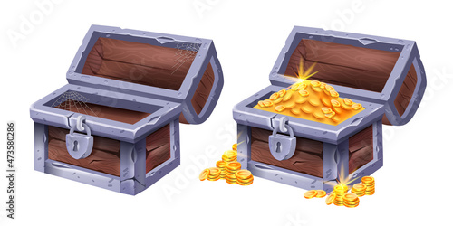 Wooden old chest, vector open full empty corsair case, game treasure icons, pirate vintage crate. Ancient trunk, golden coin pile, iron lock, antique box on white. UI secret wooden chest clipart