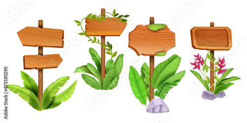 Wooden sign board tropical set, vector timber road pointer frames, jungle exotic leaf, liana on white. UI game road arrow direction announcement kit, texture menu panel. Wooden cartoon sign collection