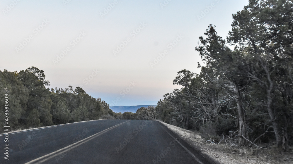 Navajo Indian Reservation, Arizona, USA - November 22, 2021: Scenery from Desert View Drive Along the South Rim of the Grand Canyon at Sunset in Late Fall