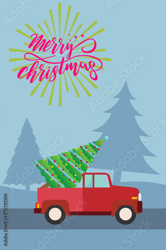 Recreation van and Christmas tree. Merry Christmas and Happy new year 2022