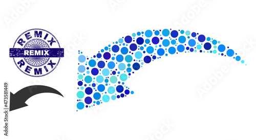 Circle composition undo icon and REMIX round grunge stamp seal. Blue seal includes REMIX caption inside circle and guilloche pattern. Vector mosaic is based on undo icon,