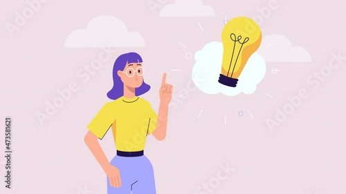 Concept of a great idea, Eureka. woman thinking and looking for answer, hand gesture, index finger up. Solution of the problem. Character animation cartoon modern style. light bulb pops up above head